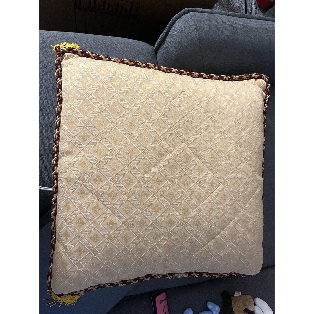 Yellow Decorative Pillow with Diamond Pattern, Tassels and Rope Trim